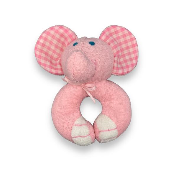 Infantino Vintage Terry Cloth Elephant Baby Wrist Rattle Pink Gingham 1996 6" - Picture 1 of 4
